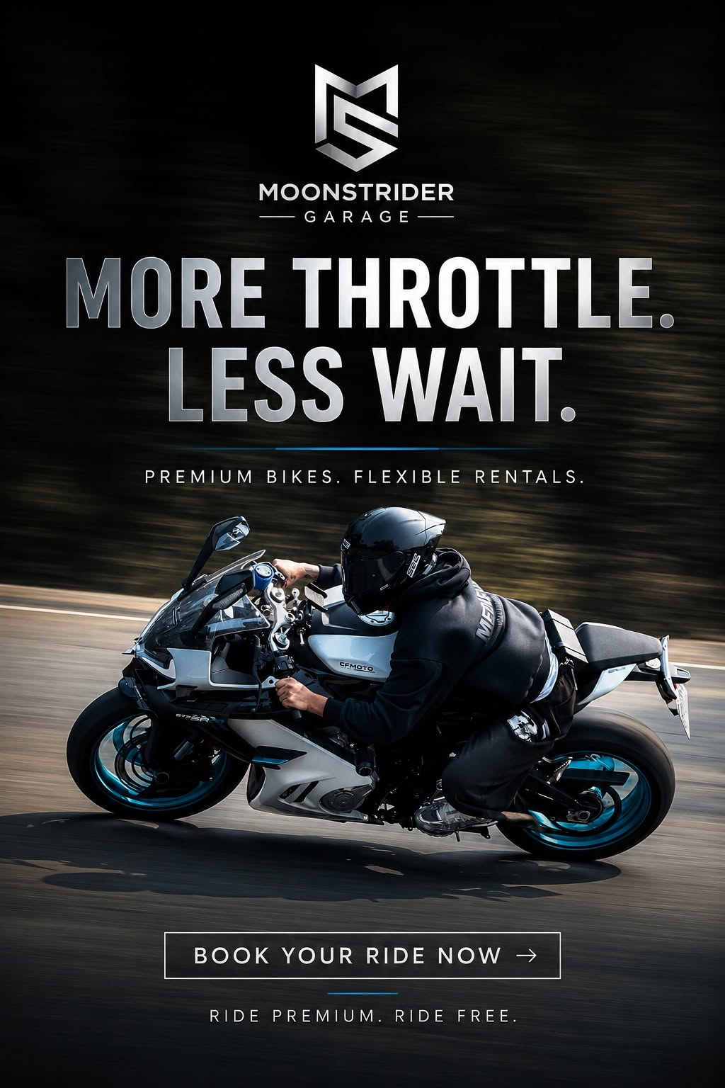 Rider leaning into a corner on a Moonstrider big bike